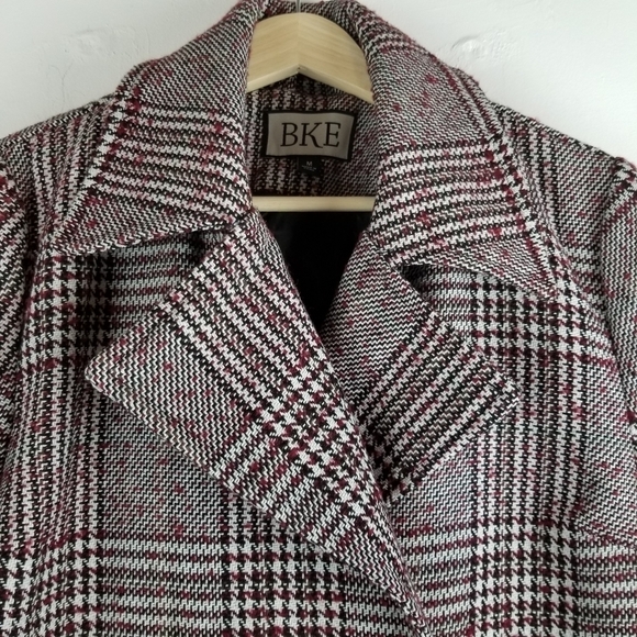 BKE Medium Houndstooth Long Double breasted Peacoat Black White Red Buckle - Picture 8 of 13